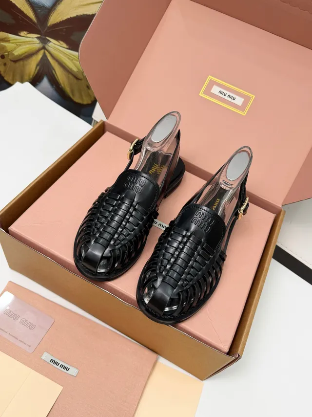 Miu Miu Wander Black Transparent Woven Leather Strap Casual Sandals