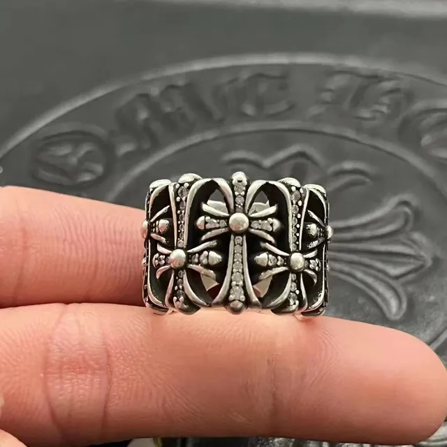 Chrome Hearts Floral Cross Pavé Oxidized Silver Ring