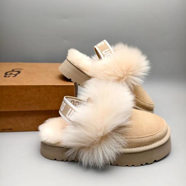 UGG Tasman Beige White Platform Sole Pom-Pom Fur Trim Casual Shoes