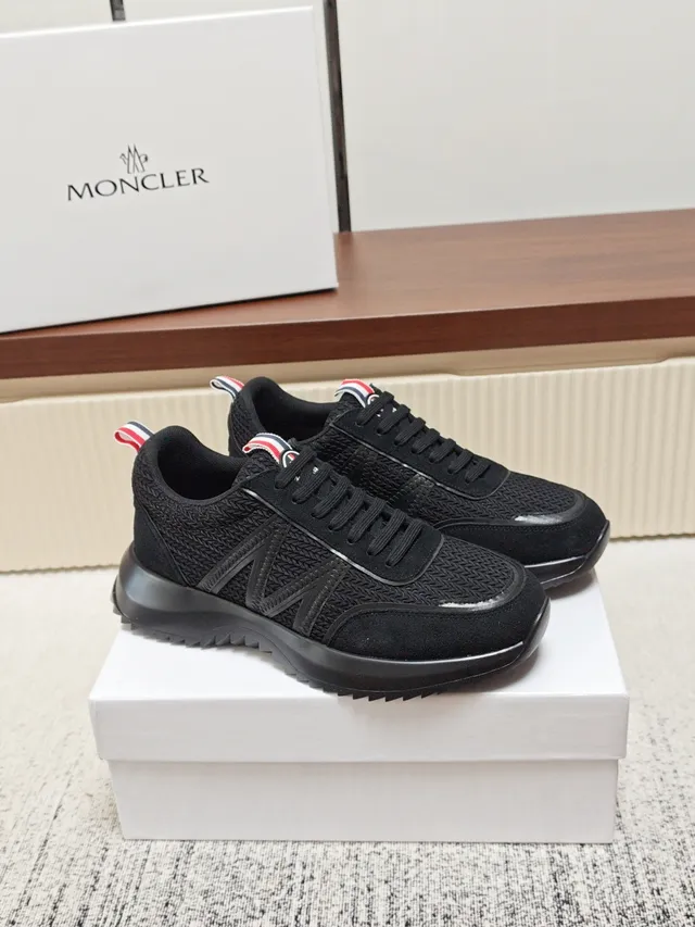 Moncler Black Red Woven Textile Upper Embossed M Logo Panel Sneakers