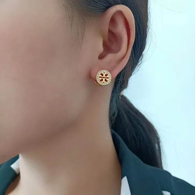 Tory Burch Mini Logo Stud Red Gold Circular Enamel Face Earrings