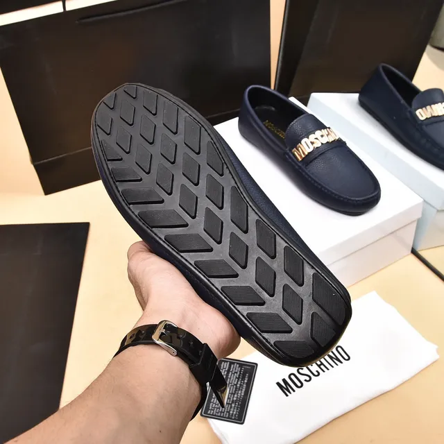 Moschino Logo-Strap Loafer Navy Gold Pebbled Leather Detail Loafer