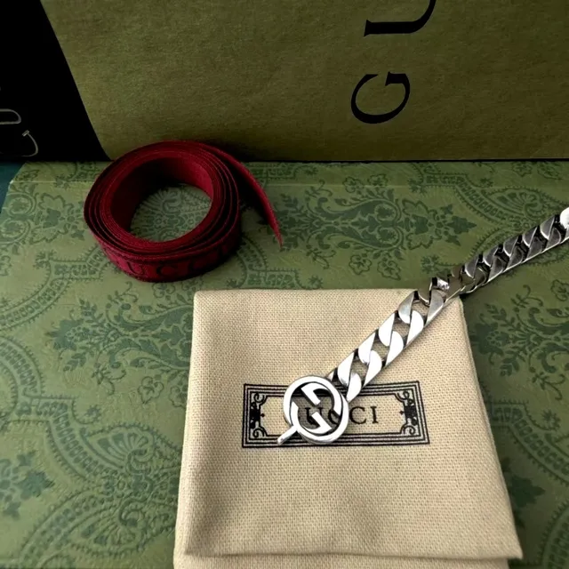 Gucci Gold Silver Chunky Curb-Link Chain Interlocking G Buckle Leather Belt