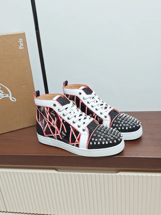 Christian Louboutin Black Red Spiked Toe High-Top Lifestyle Sneakers