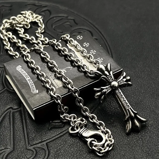 Chrome Hearts Silver Black Ornate Gothic Cross Fleur-De-Lis Terminals Necklace