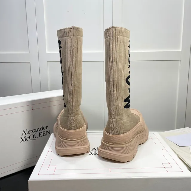 Alexander McQueen Tread Slick Beige Knit Logo Knee Boots