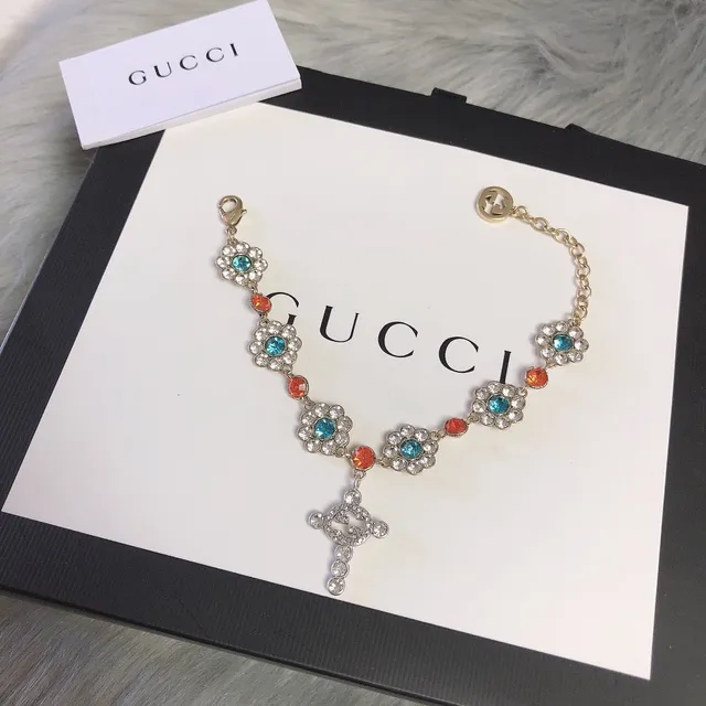 Gucci Multicolor Gold Floral Crystal Charm Metal Bracelet