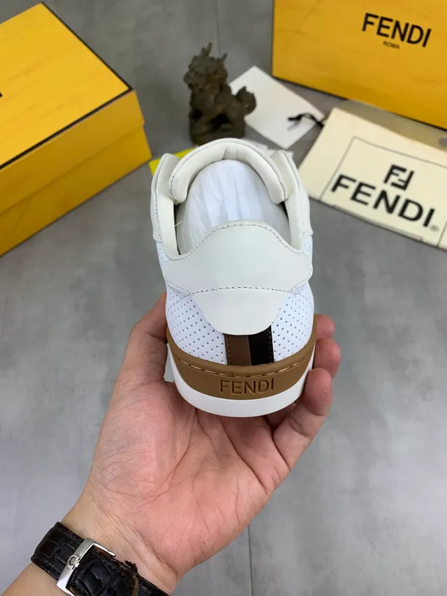 Fendi White Brown Slip-On Perforated Side Panel Lifestyle Sneakers