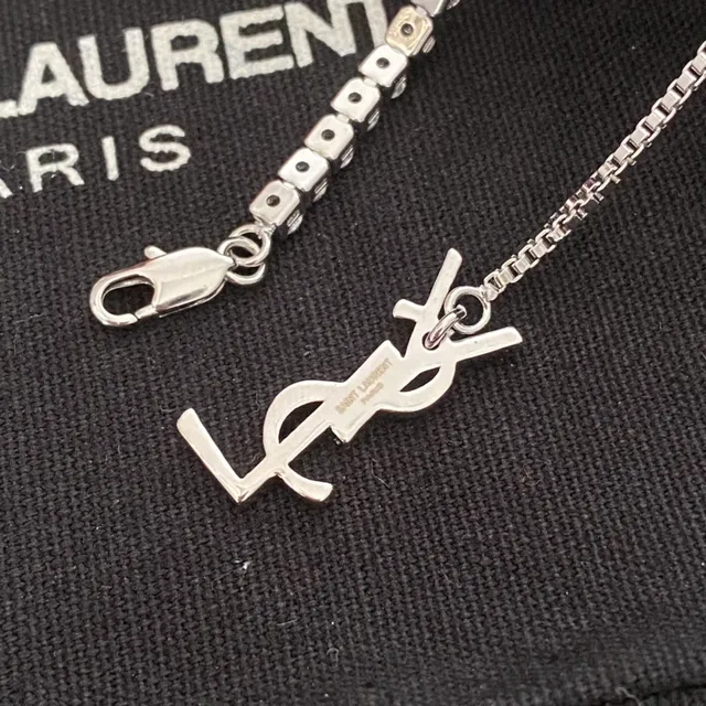 Saint Laurent YSL Chain Silver White Pavé-Set Stone Monogram Clasp Necklace