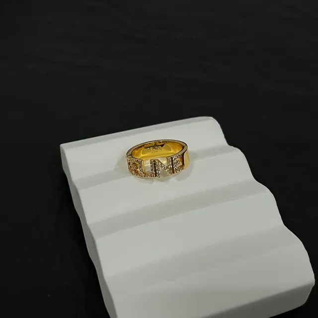 Celine Logo Ring Gold White Pavé-Set Ring