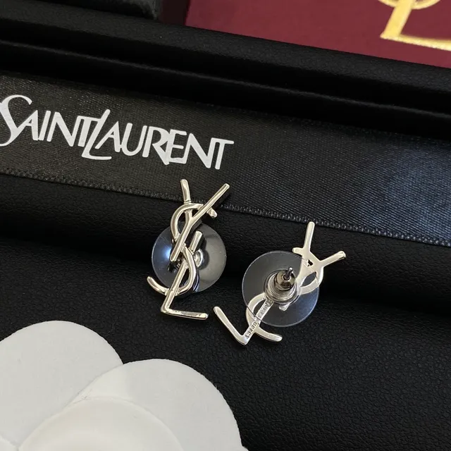 Saint Laurent Monogram Silver Gold Interlocking YSL Stud Style Earrings