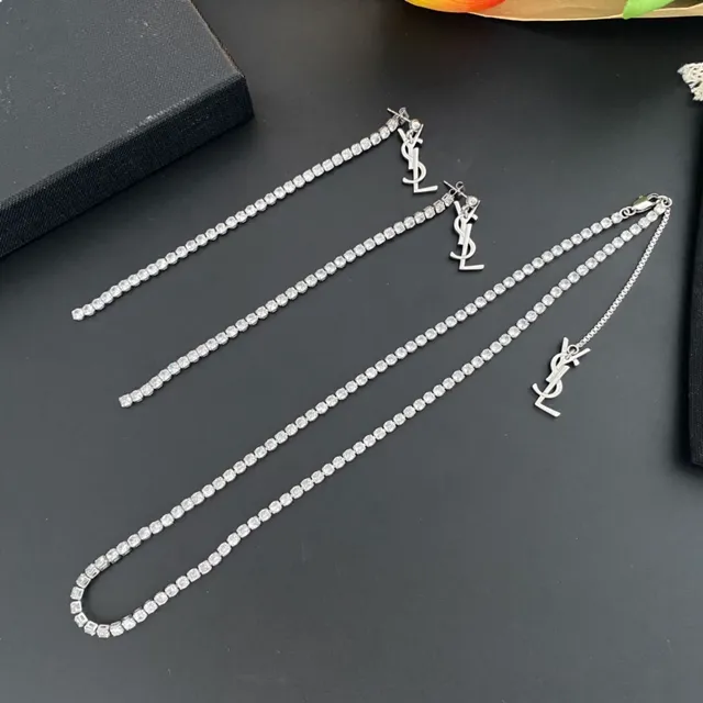 Saint Laurent YSL Chain Silver White Pavé-Set Stone Monogram Clasp Necklace