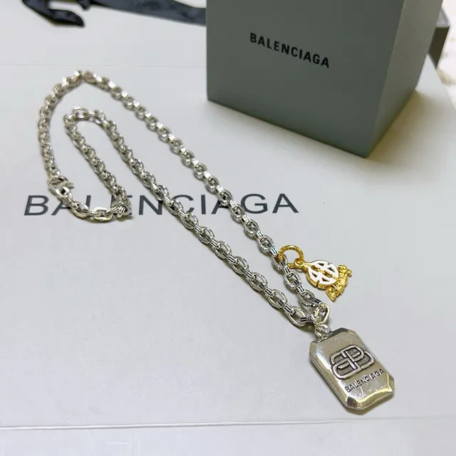 Balenciaga Multi-Charm Necklace Silver Gold Chunky Link Chain Rectangular Engraved Pendant Necklace