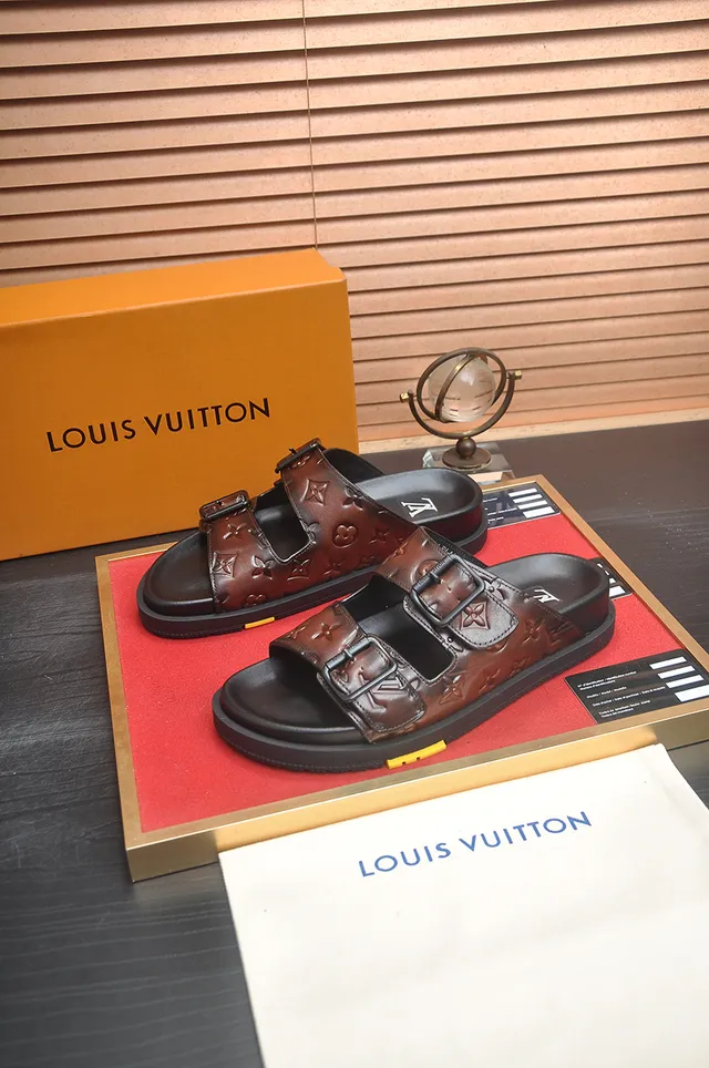 Louis Vuitton Monogram Embossed Brown and Black Double-Buckle Slide Casual Sandals