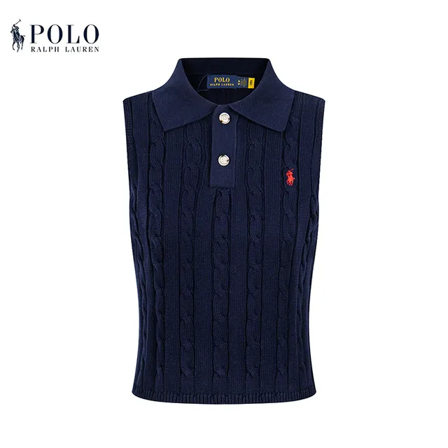 Polo Ralph Lauren Beige Navy Cable-Knit Sleeveless Polo Shirt