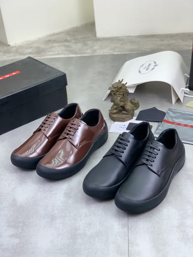 Prada Brown Black Glossy Patent Leather Thick Rubber Sole Oxford Shoes
