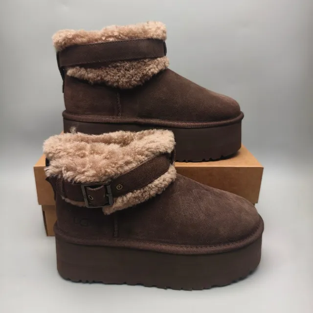 UGG Brown Beige Platform Sole Shearling-Lined Cuff Snow Boots