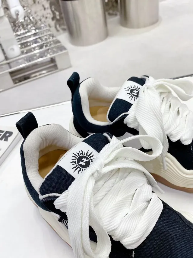 Jil Sander Black White Sculpted Wavy Midsole Canvas Upper Chunky Sneakers
