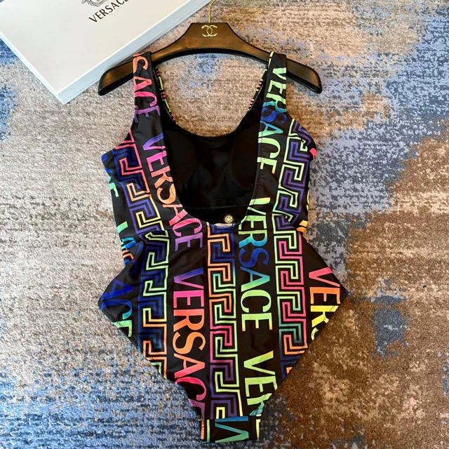 Versace Black Multicolor Square-Neck Thin-Strap Swimwear