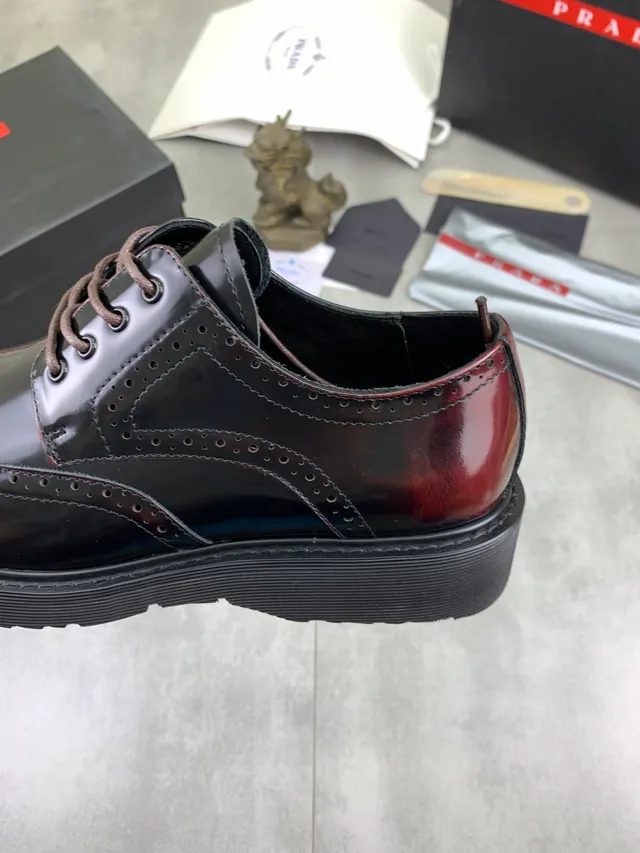 Prada Burgundy Black Two-Tone Polished Leather Wingtip Brogue