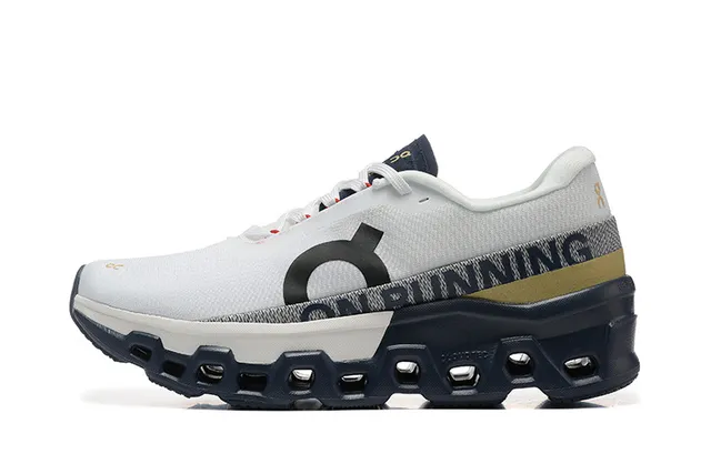 On Cloudmonster White Navy Gold Running Shoes