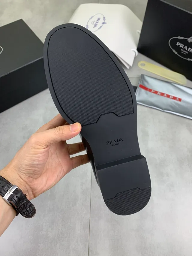 Prada Black Glossy Leather Perforated Toe Brogue