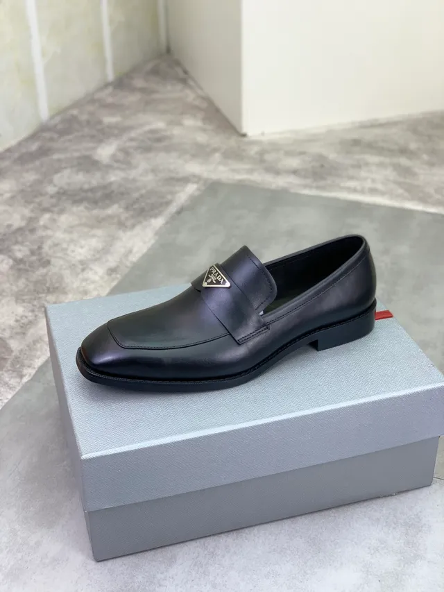 Prada Logo Strap Loafer Black Leather Loafers