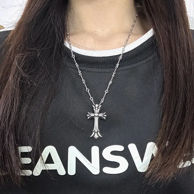 Chrome Hearts Silver Black Ornate Gothic Cross Fleur-De-Lis Terminals Necklace