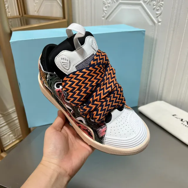 Lanvin Multicolor White Layered Mixed-Material Upper Snakeskin-Print Side Panels Sneakers