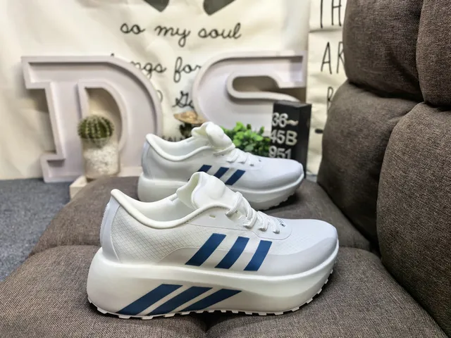 Adidas White Blue Mesh Upper Black Platform Sole Chunky Sneakers