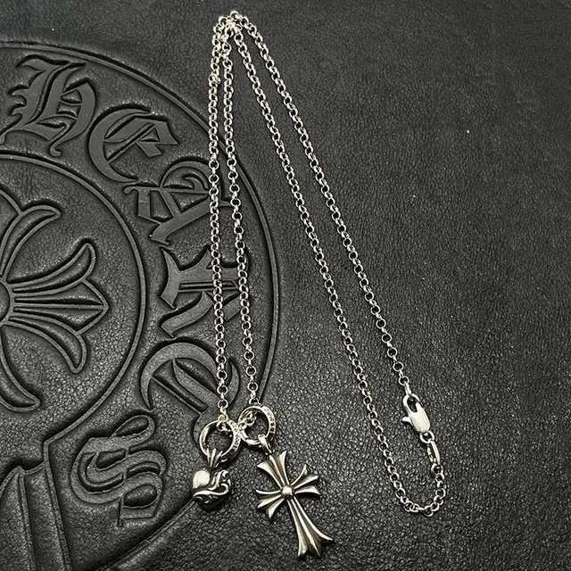 Chrome Hearts Cross and Heart Charm Silver Necklace
