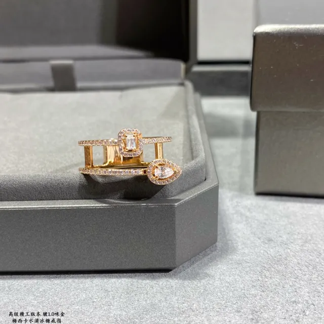 Double-Band Pavé-Set Teardrop and Emerald-Cut Stone Ring