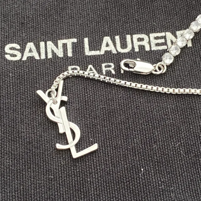 Saint Laurent YSL Chain Silver White Pavé-Set Stone Monogram Clasp Necklace
