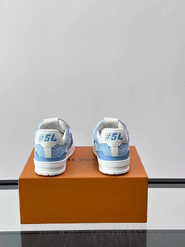 Louis Vuitton LV Trainer Blue White Monogrammed Canvas Asymmetrical Strap Detail Lifestyle Sneakers