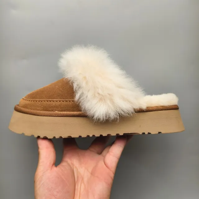 UGG Tasman Tan Suede Shearling-Trimmed Platform Slippers