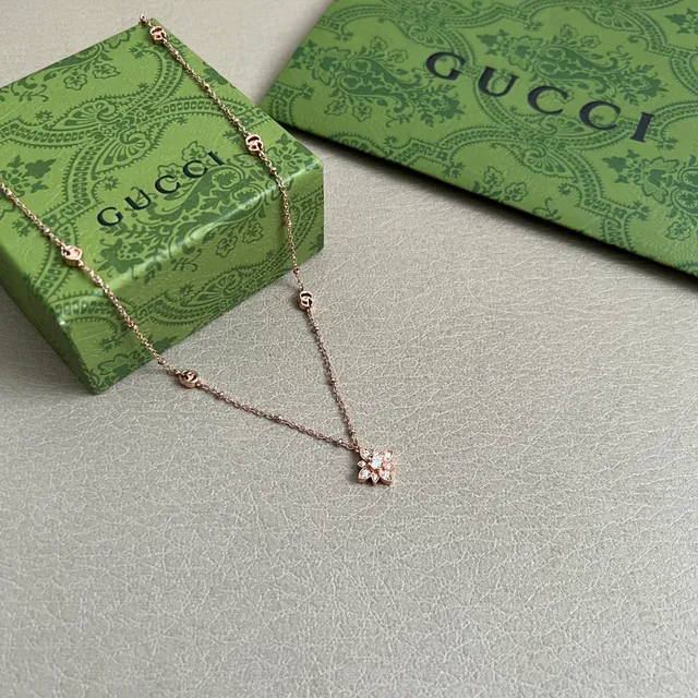 Gucci Gold Transparent Rose Chain Interlocking G Charms Necklace