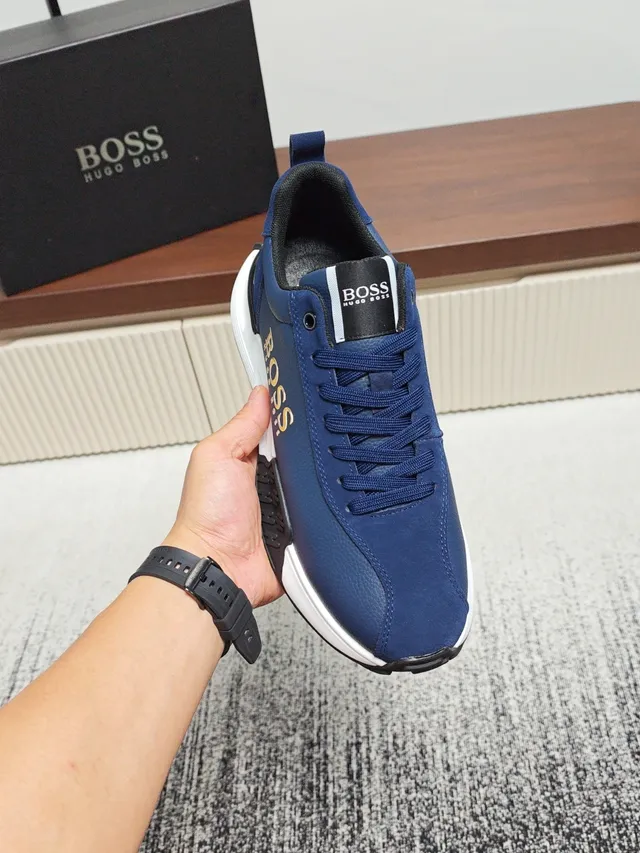 Hugo Boss Navy White Leather Upper Gold Branding Sneakers
