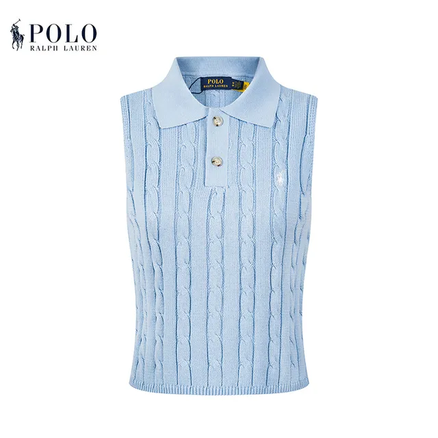 Polo Ralph Lauren Beige Navy Cable-Knit Sleeveless Polo Shirt