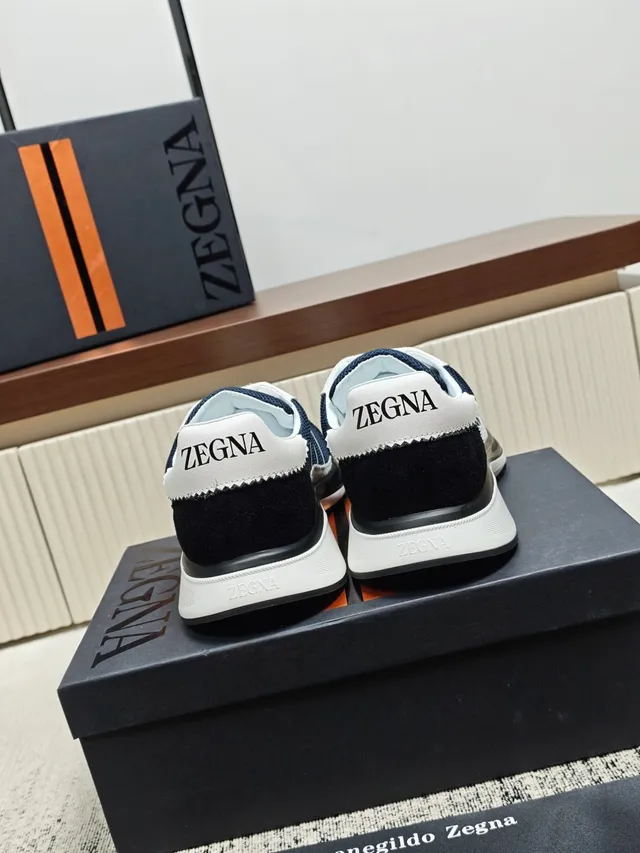 Zegna Navy Black Mixed-Material Upper Color Blocking Sneakers