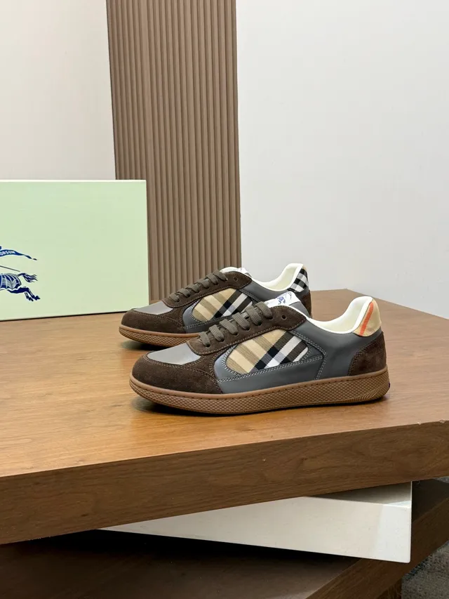 Burberry Brown Beige Mixed-Material Upper Nova Check Panel Lifestyle Sneakers