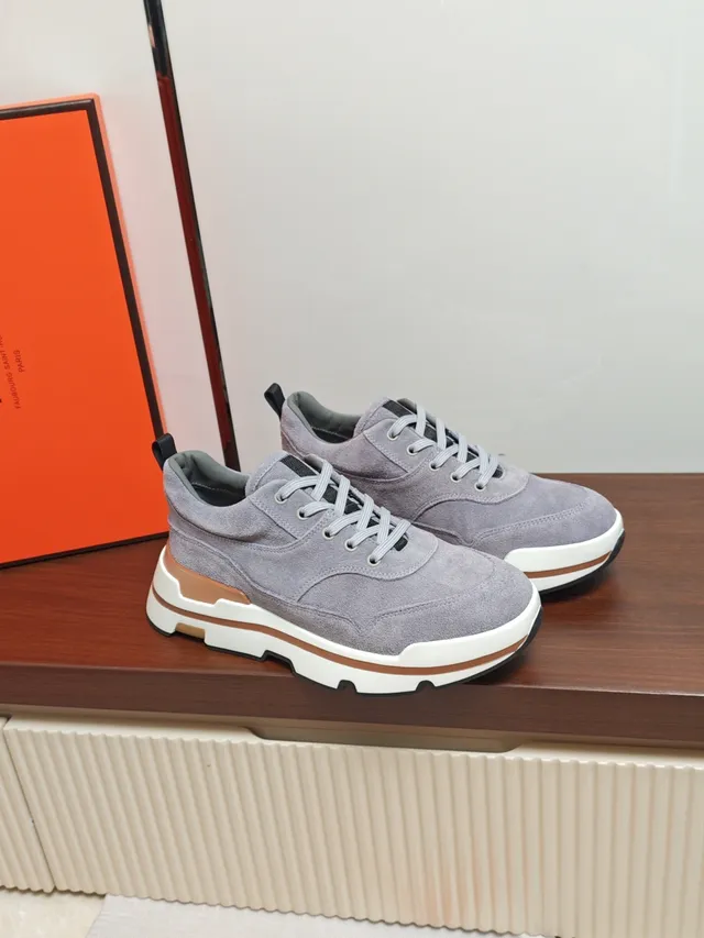 Hermès Gray Beige Suede Upper Layered Multi-Color Sole Sneakers