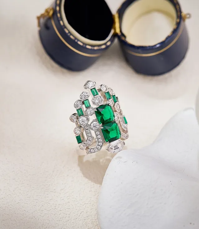 Emerald-Cut Green Gemstone and Diamond Art Deco Style Ring