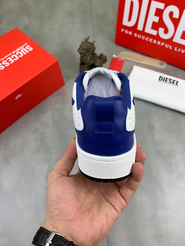 Diesel Blue White Bold Color-Blocked Perforated Toe Cap Sneakers