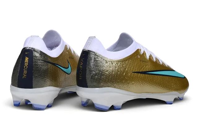 Nike Gold Blue Metallic Knit Upper Turquoise Swoosh Accent Firm-Ground Soccer Shoes