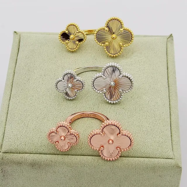 Van Cleef & Arpels Alhambra Gold Silver Four-Leaf Clover Motif Beaded Edge Ring