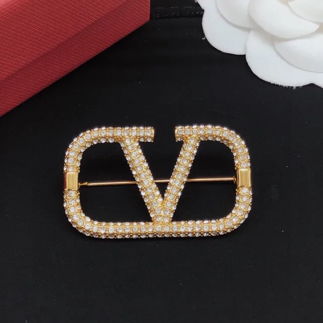Valentino Gold Black Pavé-Crystal VLOGO Monogram Brooch