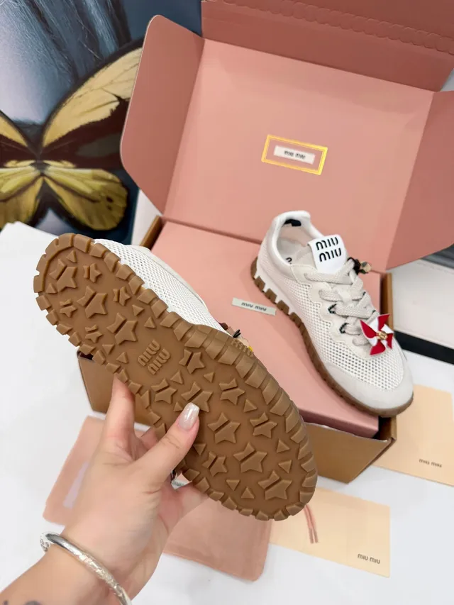 Miu Miu Wander Beige White Perforated Mesh Upper Suede Overlays Lifestyle Sneakers
