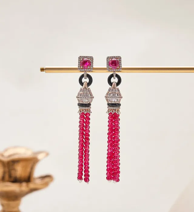 Pink Gold Tassel Faceted Bead Strands Earrings