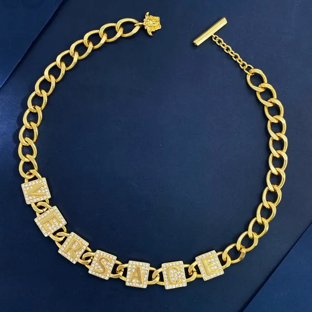 Versace Chain Reaction Gold Silver Curb Crystal-Embellished Letter Charms Necklace