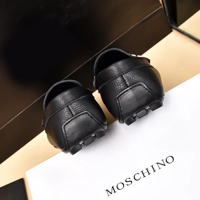 Moschino Logo-Bar Black Gold Pebbled Leather Hardware Loafer